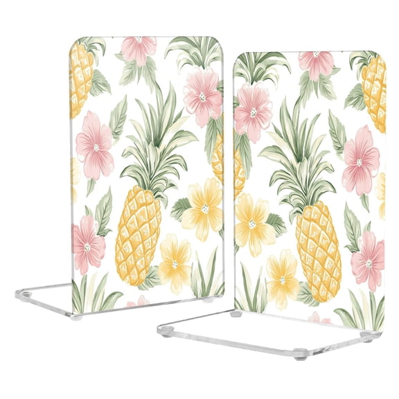 Acrylic Bookends 2 Pairs Decorative Book Stoppers for Home Office Desk Organizer Floral Pineapple Pattern