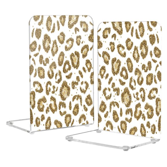 Acrylic Bookends 2 Pairs Decorative Book Stoppers for Home Office Desk Organizer Gold Leopard Print Pattern
