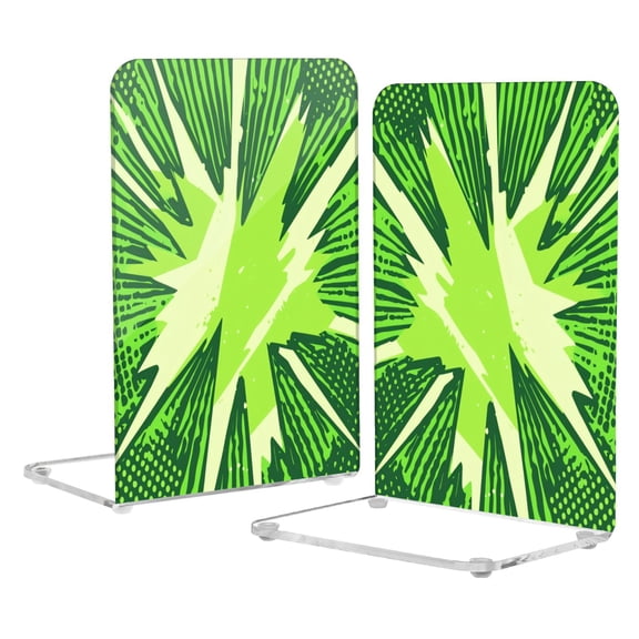 Acrylic Bookends 2 Pairs Decorative Book Stoppers for Home Office Desk Organizer Green Lightning Bolts Pattern