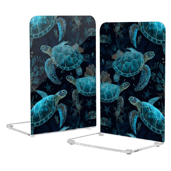 Acrylic Bookends 2 Pairs Decorative Book Stoppers for Home Office Desk Organizer Green Sea Turtles Pattern