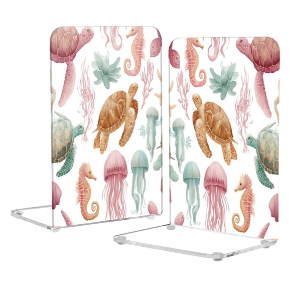 Acrylic Bookends 2 Pairs Decorative Book Stoppers for Home Office Desk Organizer Happy Turtles and Jellyfish Pattern