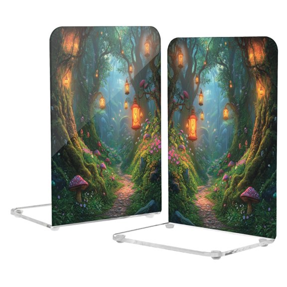 Acrylic Bookends 2 Pairs Decorative Book Stoppers for Home Office Desk Organizer Magic Forest Scene