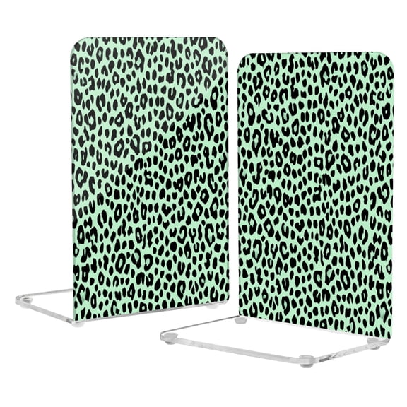 Acrylic Bookends 2 Pairs Decorative Book Stoppers for Home Office Desk Organizer Mint Green Leopard Print