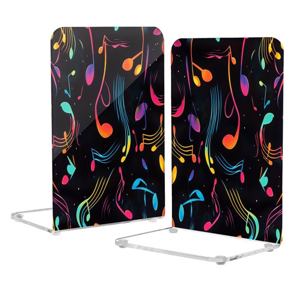 Acrylic Bookends 2 Pairs Decorative Book Stoppers for Home Office Desk Organizer Musical Notes and Waves Pattern