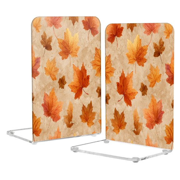 Acrylic Bookends 2 Pairs Decorative Book Stoppers for Home Office Desk Organizer Orange Autumn Leaves Pattern