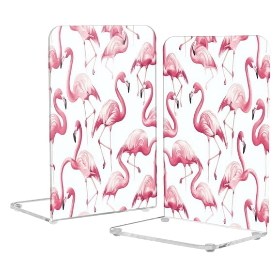 Acrylic Bookends 2 Pairs Decorative Book Stoppers for Home Office Desk Organizer Pink Flamingos Pattern