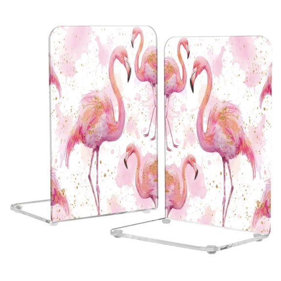 Acrylic Bookends 2 Pairs Decorative Book Stoppers for Home Office Desk Organizer Pink Flamingos with Golden Dot
