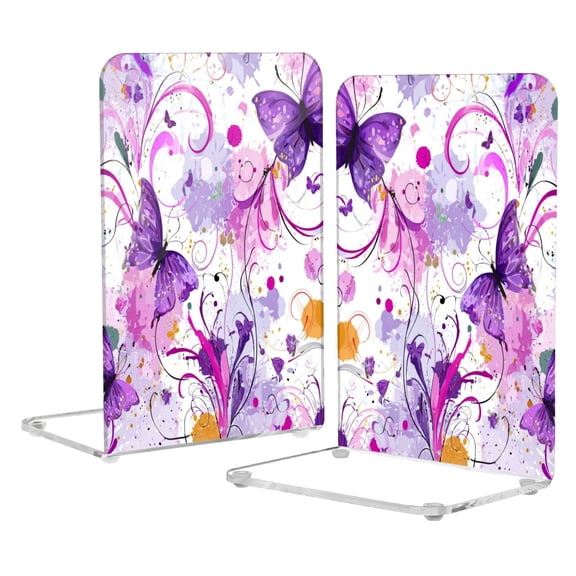 Acrylic Bookends 2 Pairs Decorative Book Stoppers for Home Office Desk Organizer Purple Butterfly with Swirls