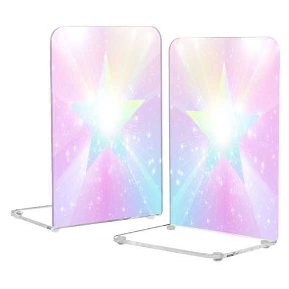 Acrylic Bookends 2 Pairs Decorative Book Stoppers for Home Office Desk Organizer Rainbow Gradient Stars