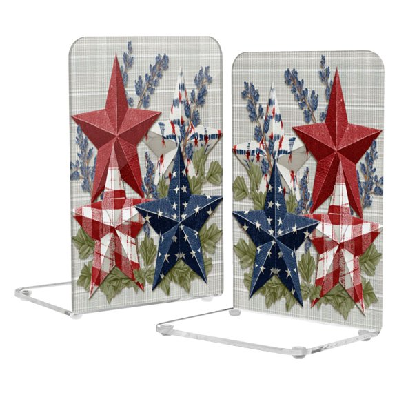 Acrylic Bookends 2 Pairs Decorative Book Stoppers for Home Office Desk Organizer Red White and Blue Stars