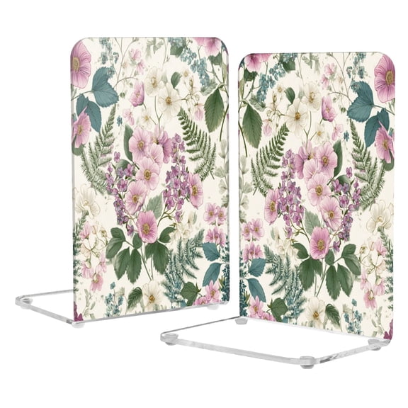 Acrylic Bookends 2 Pairs Decorative Book Stoppers for Home Office Desk Organizer Retro Pink Flowers Pattern