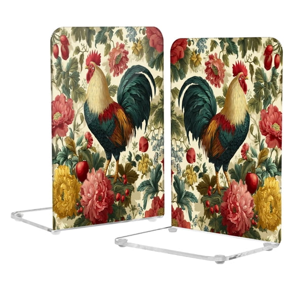 Acrylic Bookends 2 Pairs Decorative Book Stoppers for Home Office Desk Organizer Rooster and Vintage Floral