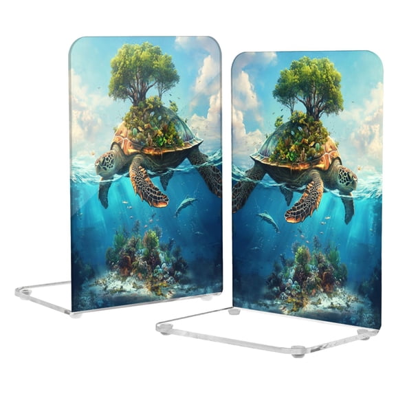 Acrylic Bookends 2 Pairs Decorative Book Stoppers for Home Office Desk Organizer Sea Turtle Carrying Island