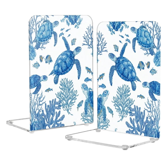 Acrylic Bookends 2 Pairs Decorative Book Stoppers for Home Office Desk Organizer Sea Turtles and Coral Reefs