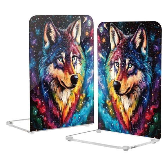 Acrylic Bookends 2 Pairs Decorative Book Stoppers for Home Office Desk Organizer Star-studded Wolf