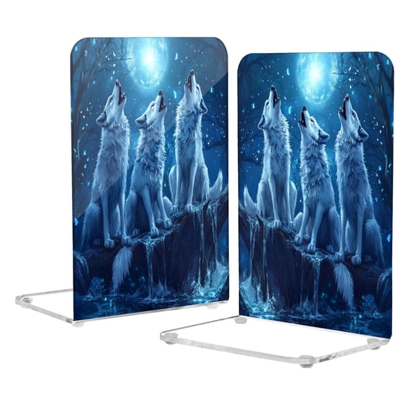 Acrylic Bookends 2 Pairs Decorative Book Stoppers for Home Office Desk Organizer Three Blue Wolves