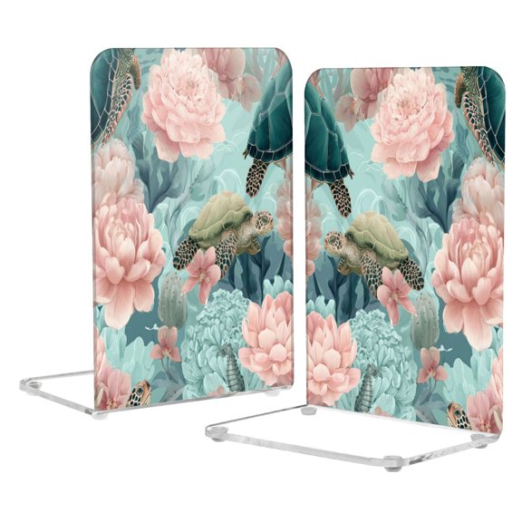 Acrylic Bookends 2 Pairs Decorative Book Stoppers for Home Office Desk Organizer Turtles with Pink Flowers