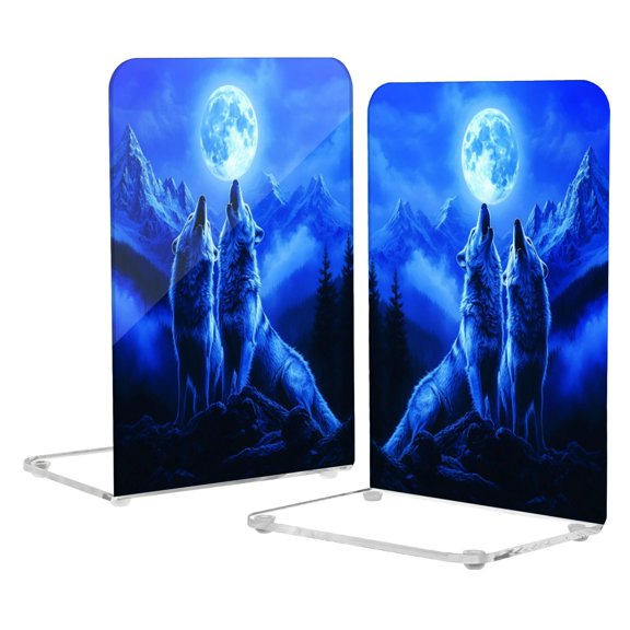 Acrylic Bookends 2 Pairs Decorative Book Stoppers for Home Office Desk Organizer Two Howling Wolves