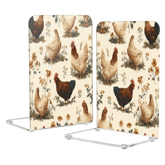 Acrylic Bookends 2 Pairs Decorative Book Stoppers for Home Office Desk Organizer Various Poses Chickens Pattern