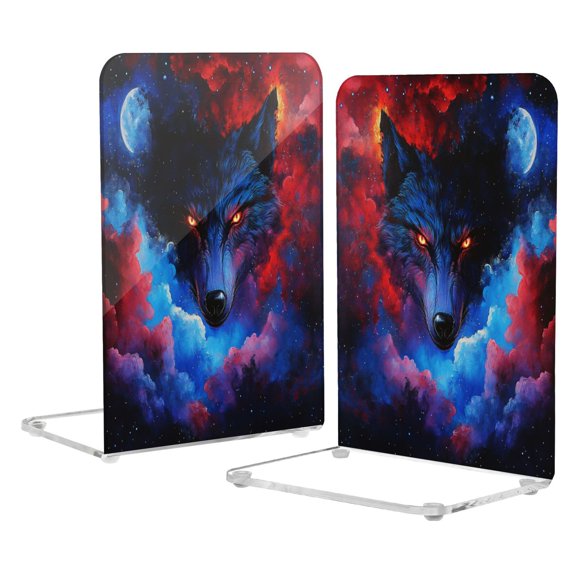 Acrylic Bookends 2 Pairs Decorative Book Stoppers for Home Office Desk Organizer Wolf Face and Moon