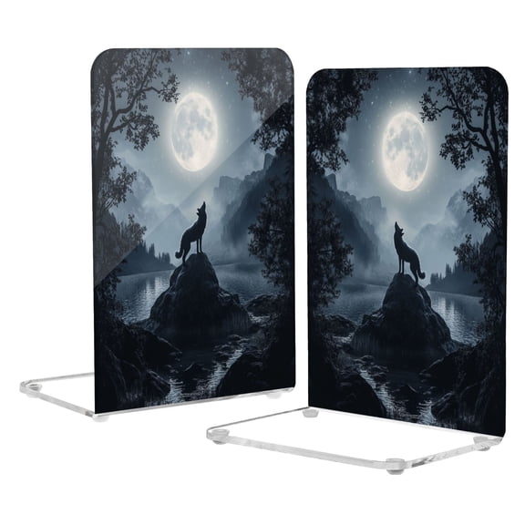 Acrylic Bookends 2 Pairs Decorative Book Stoppers for Home Office Desk Organizer Wolf Howling at The Moon