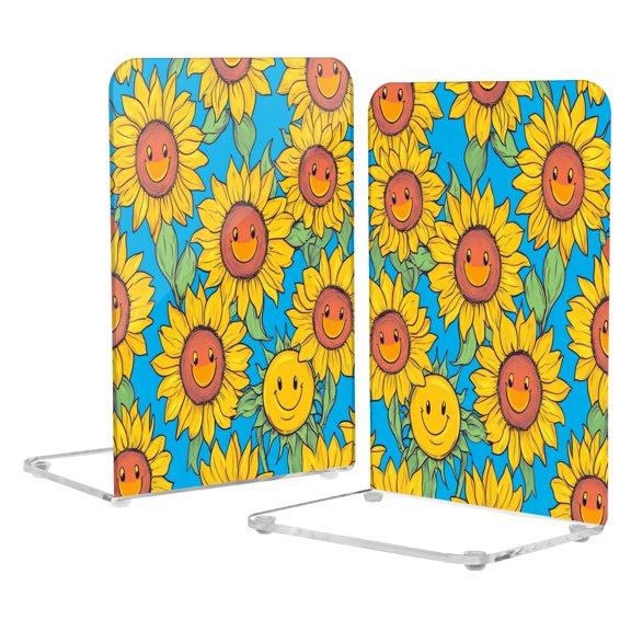 Acrylic Bookends 2 Pairs Decorative Book Stoppers for Home Office Desk Organizer Yellow Sunflowers with Happy Faces