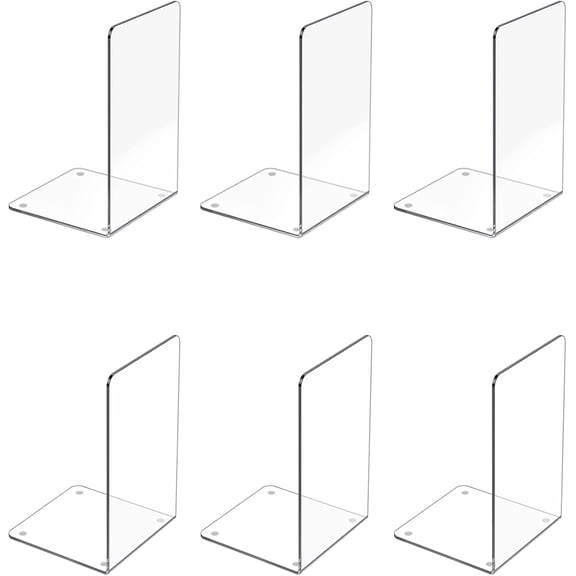 Acrylic Bookends 6 Pcs, Clear Book Ends for Shelves, Transparent Organizer, Holder Stand Decorative, Stoppers for Heavy Duty Books, CD, File, Video Games