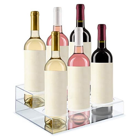 Acrylic Bottle Holder | Wine Display Riser | 6 Bottles, 2 Tier Rack | Bar Counter-Top Display Stand | Wine Rack Holder for Kitchen, Pantry, Fridge | Storage Organizer for Wine, Soda, Syrups and Beer.