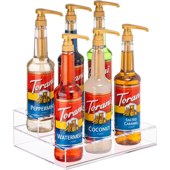 Acrylic Bottle Holder | Wine Display Riser | 6 Bottles, 2 Tier Rack | Bar Counter-Top Display Stand | Wine Rack Holder for Kitchen, Pantry, Fridge | Storage Organizer for Wine, Soda, Syrups and Beer.