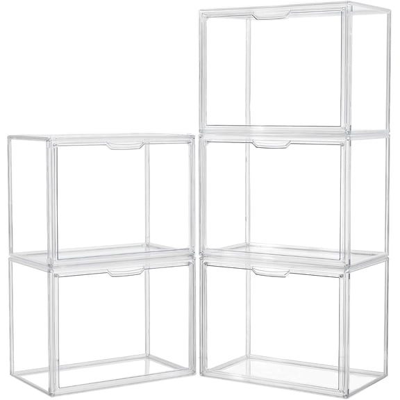 Acrylic Box Display Case, Clear Plastic Stackable Storage Bins with Magnetic Attraction Lid, Showcase for Cosmetic, Large Figures Collectibles (5 Pack, X-Large)