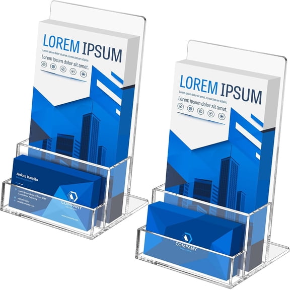 Acrylic Brochure Holder 4 inches with Business Card Holder for 100 Brochures, 2 Pack Clear Display Stand for Magazine, Pamphlet, Booklets, Menu, Journals, Business Card, Trifold