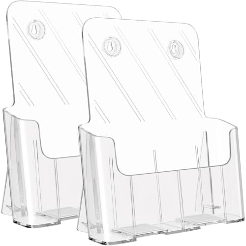 Acrylic Brochure Holder 8.5 x 11 Clear Flyer Display Stand, Plastic Literature Holder for Trifold Brochures, Magazines, Menus, Pamphlets, Booklets, Documents, Desk or Wall Mount, 2 Pack