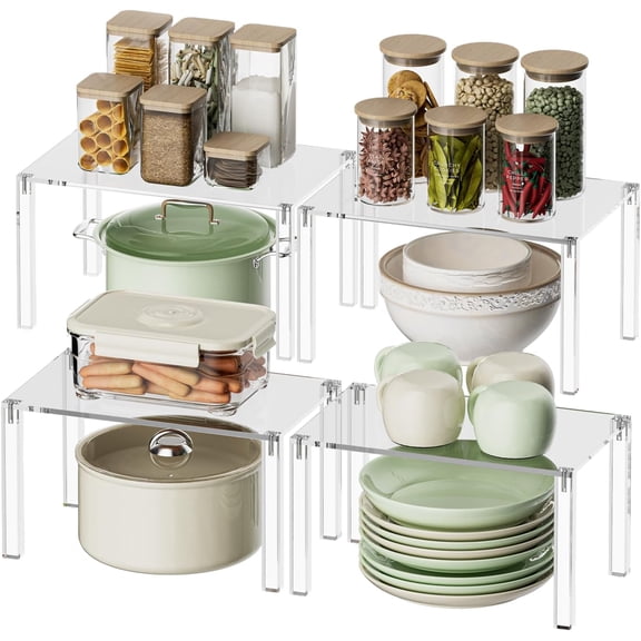 Acrylic Cabinet Organizer Set of 4 Clear Shelf Risers for Kitchen Pantry Storage Stackable Spice Rack Countertop Display Shelf Decor