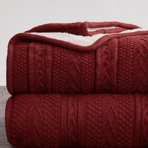 Acrylic Cable Knit Sherpa Throw Blanket - Thick, Soft, Big, Cozy Wine Red Knitted Fleece Blankets for Couch, Sofa, Bed - Large 60 x 80 Inches Coverlet All Season, Burgundy Color