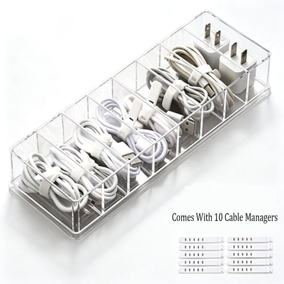 Acrylic Cable Organizer Box with 10 Cable Managers, Clear Cord Storage Box for Desk Drawer