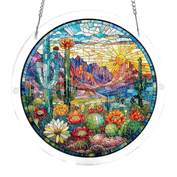 Acrylic Cactus Puzzle Suncatcher, 7.4 Inch 83-Piece DIY Window Hanging, Vibrant Stained Glass Effect, Double-Sided Light Projection, Unique Home Decor and Gift for Mom Women Men