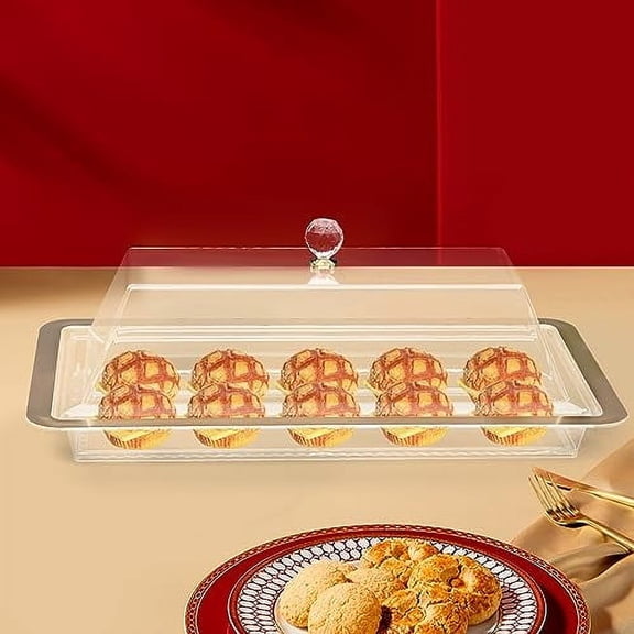 Acrylic Cake Stand Serving Tray with Lid Wedding Cake Stand with Cover Desert Stands with Doilies Pastry Display Tray Party Cake Plate with Dome Cookie Tray (Golden Border)