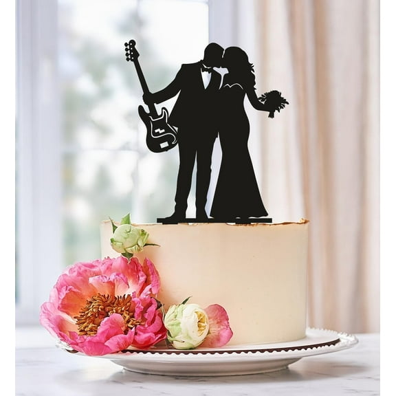 Acrylic Cake Toppers Guitar Player Cake Topper, Music Cake Topper, Bass cake topper, Cake Decor for Engagement/Bridal Shower/Bachelorette Party Decorations Black Glitter