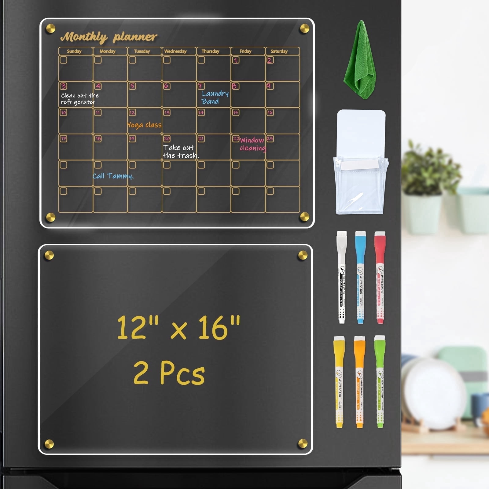 Acrylic Calendar for Fridge, 2 Pack 12"x16" Clear Fridge Calendar ...