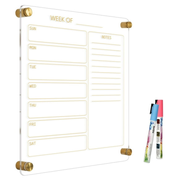 Acrylic Calendar for Wall, 12"x14" Ultra Clear Golden Dry Erase Board Weekly Planner Wall Mounted Board, Non-Magnetic Frameless White Board for Home, Office, Wall