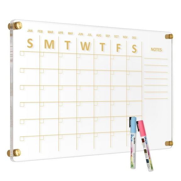 Acrylic Calendar for Wall Whiteboard, 24''x16'' Weekly Clear Dry Erase Board, Wall Hanging Non-Magnetic Floating Frameless Gold Print Whiteboard with Markers, for Home, Office. Wall Decor