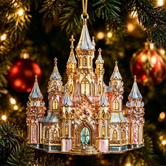 Acrylic Castle Christmas Ornament, Golden Castle Hanging Pendant, Magical Princess Castle Decor for Christmas Tree