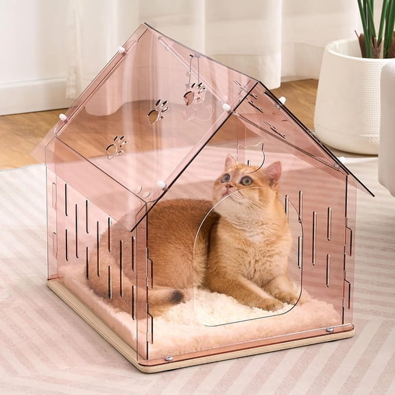 Acrylic Cat Houses for Indoor Cats, Modern Cat Cave with Washable Soft Cushion & Hanging Toys, Sturdy Wooden Base Pet Bed for Cats up to 20 lbs, Pink