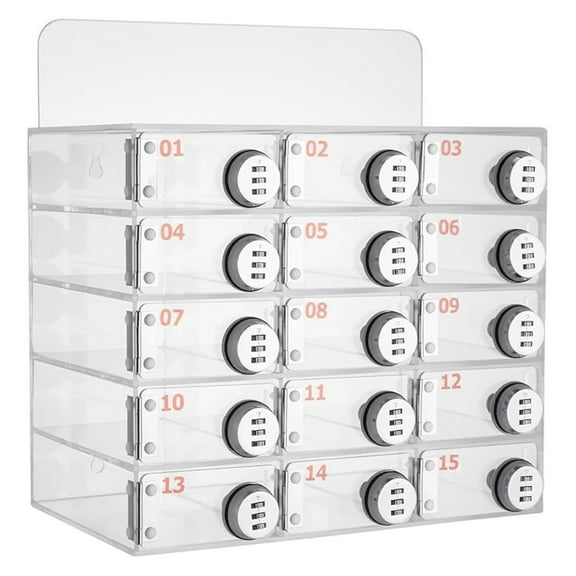 Acrylic Cell Phone Locker, 15 Slots Wall Mountable Box with Combination Lock - Clear Phone Storage for School, Office, Gym, Conference - Secure Mobile Device Organizer