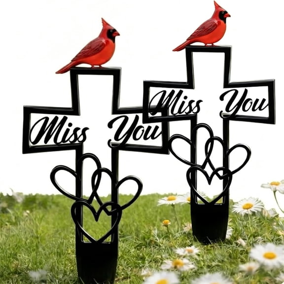 Acrylic Cemetery Memorial Plaque, 2 Pack Cardinal Grave Stake Cross with Miss You Script & Heart Accent, 12 Inch Outdoor Ground Marker for Garden Remembrance