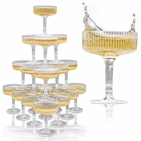 Ksestor Acrylic Champagne Tower Glasses 7 oz, Built for Celebrations Stackable Acrylic Plastic Coupe Glasses Set of 20