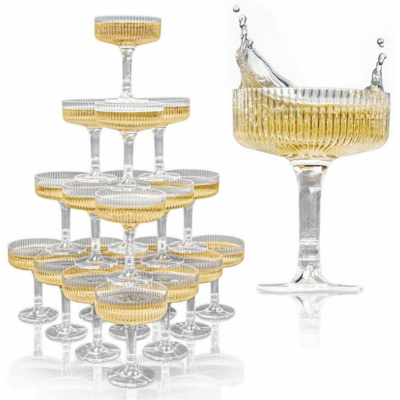 Ksestor Champagne Tower, 20-Piece Clear Acrylic 7 oz Stackable Coupe Glasses Set for Weddings and Parties