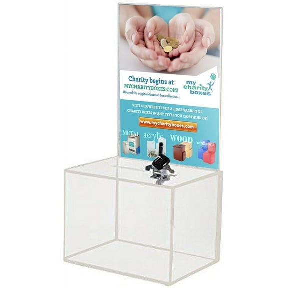 Acrylic Charity Donation Ballot box Fundraising Coin collection Tip box 6.5" x 5" x 5" office Suggestion Box Piggy Bank ticket box with large 8.5" x 6.5" Display area with lock and keys 2 pack