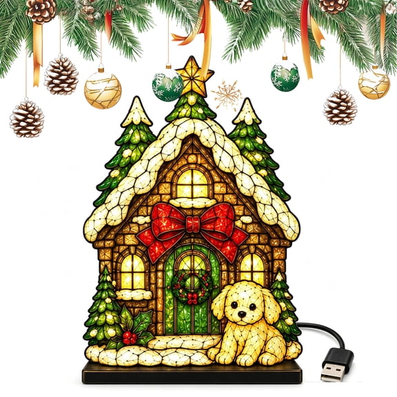 Acrylic Christmas Cottage Night Light, USB Powered LED Desk Lamp with Cozy House Design, Warm Glow Holiday Tabletop Decor for Bedroom Shelf Office Mantel, Festive Gift (E)