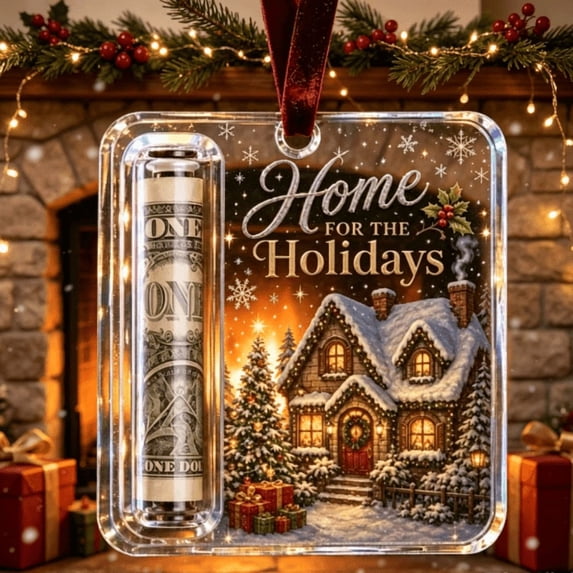 Acrylic Christmas Money Holder Ornament, Cash Gift Card Holder with Velvet Ribbon for Tree, Mantel, and Holiday Display
